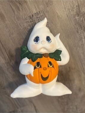 Vintage Hand Painted Ceramic Ghost Holding Jack O' Lantern Halloween Figurine